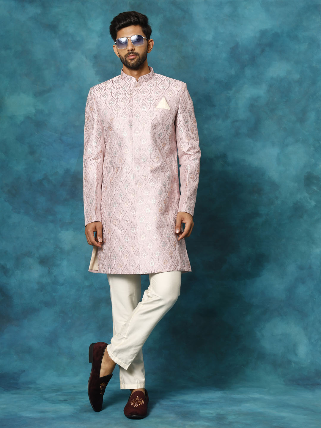 VASTRAMAY Men's Purple Pastel Embroidered Sherwani Only Top