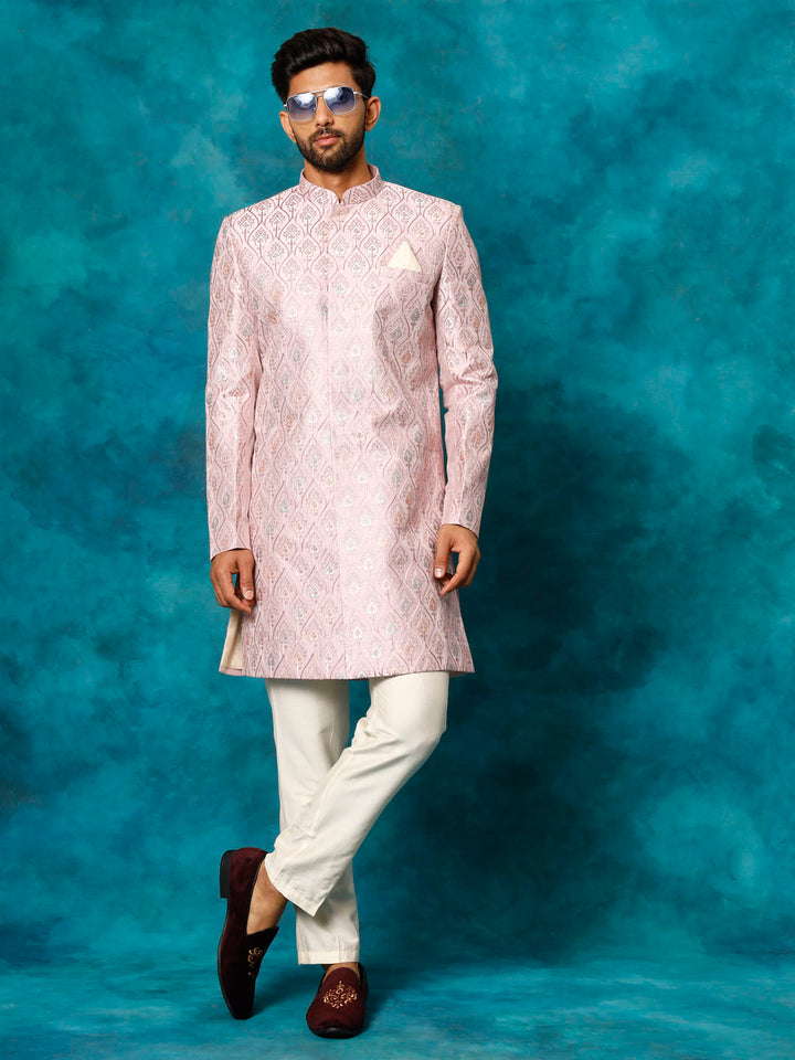 VASTRAMAY Men's Purple Pastel Embroidered Sherwani Only Top