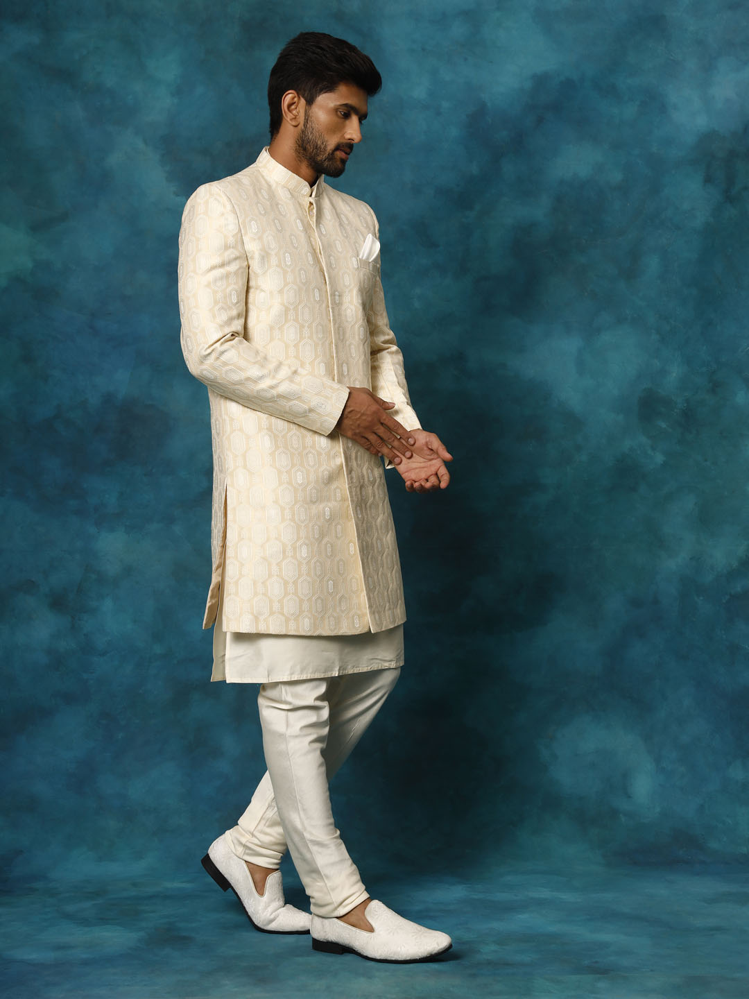 Men's Beige Imported Jacquard Indo With Kurta Pyjama Set