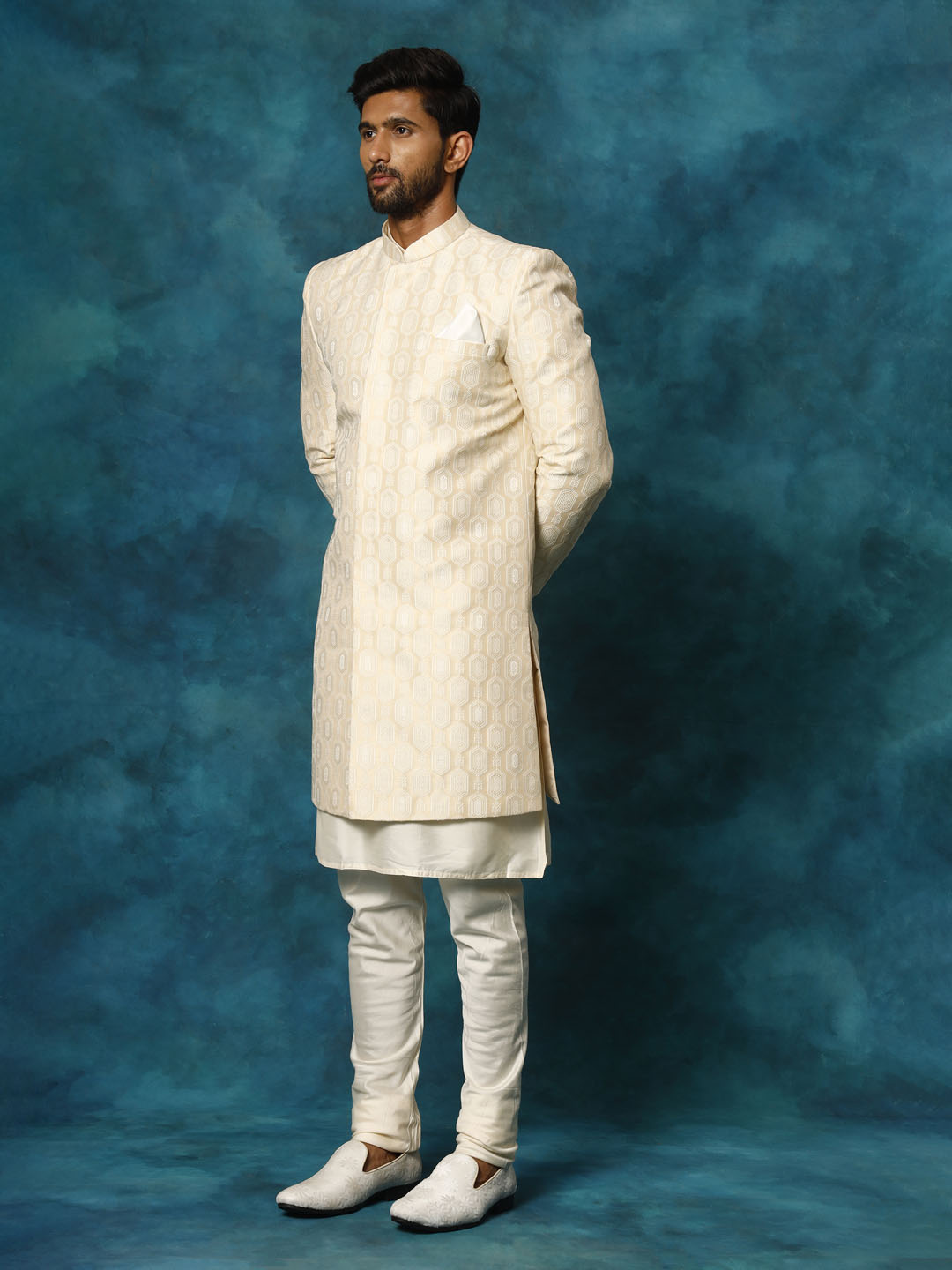 Men's Beige Imported Jacquard Indo With Kurta Pyjama Set