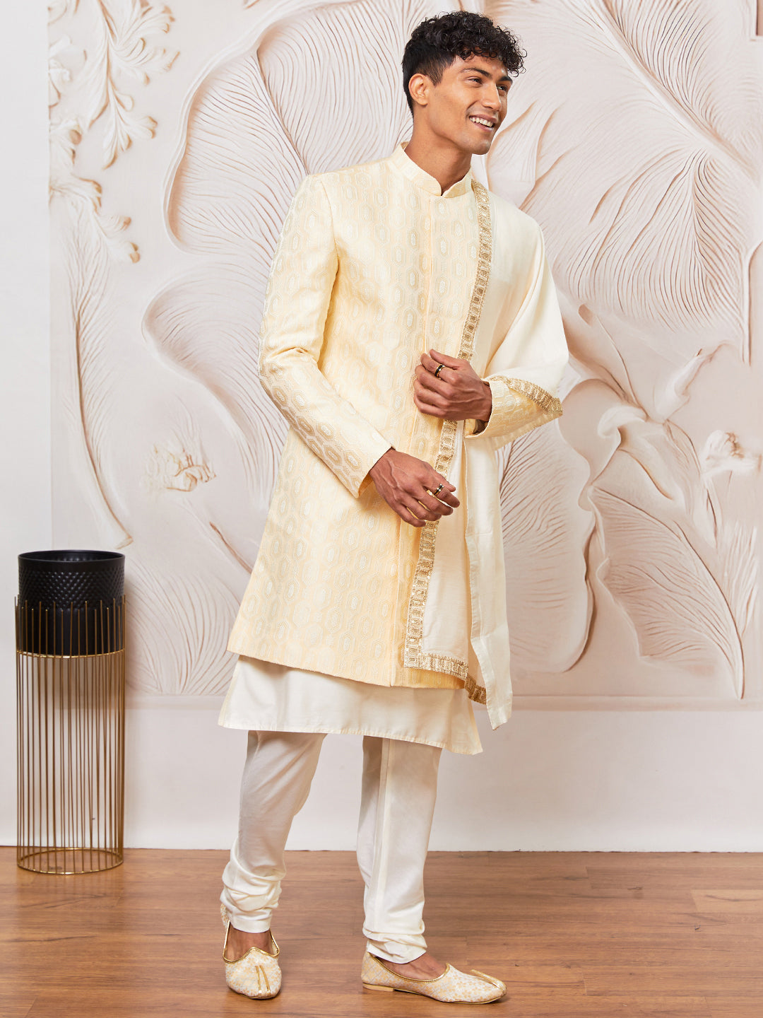 Men's Beige Silk Blend Indowestern, Kurta Pyjama And Dupatta Set