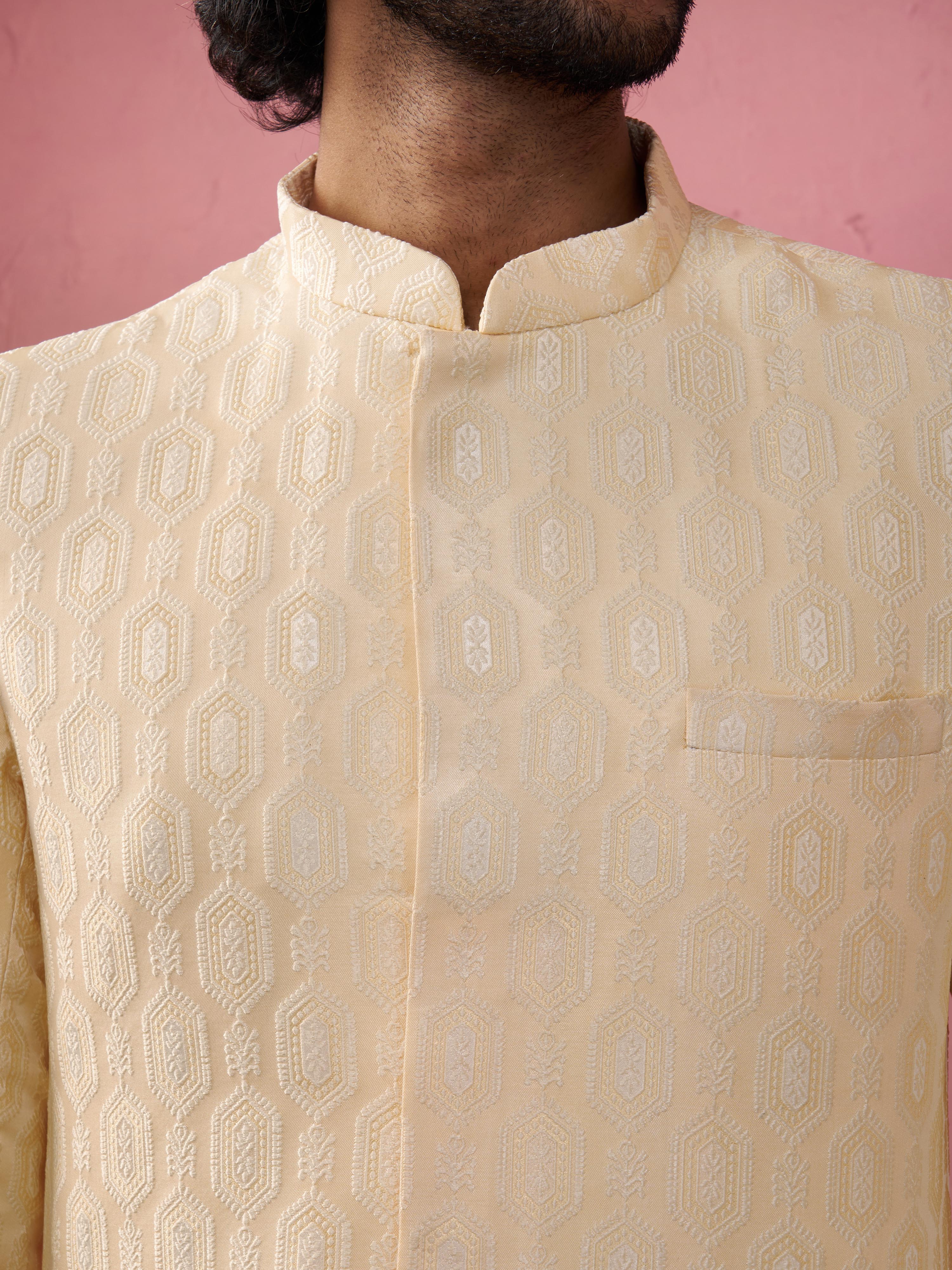 Men's Beige Jacquard Indo-Western Kurta with Cream Trousers
