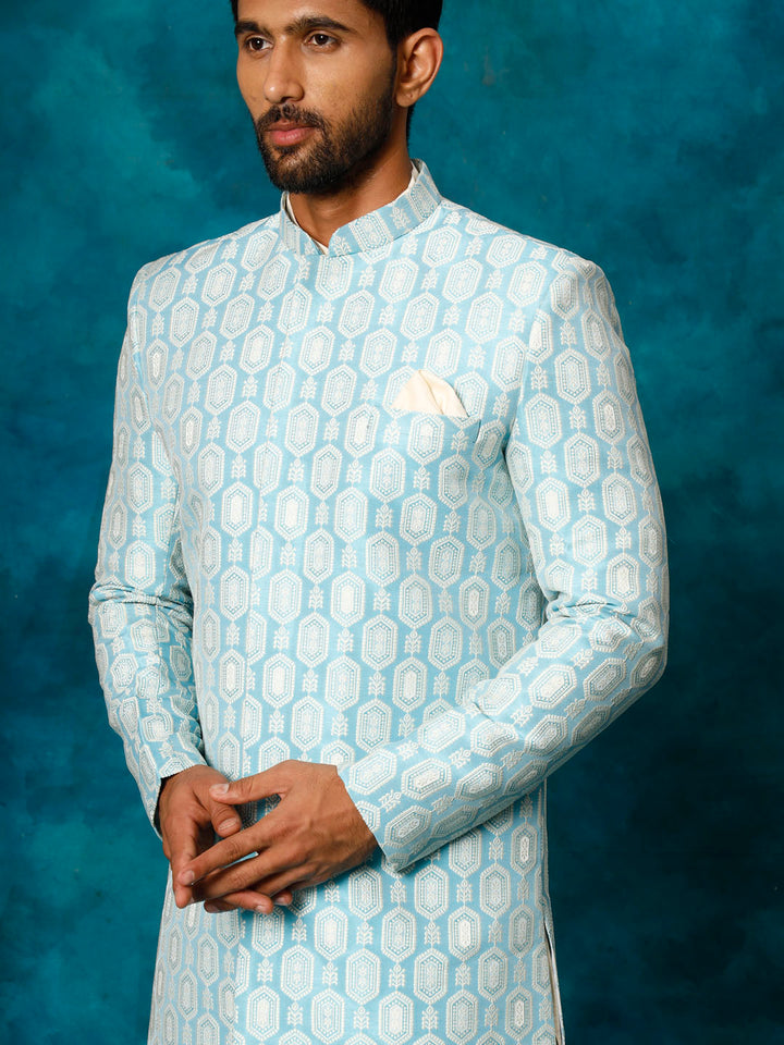 VASTRAMAY Men's Blue Imported Jacquard Indo With Kurta Pyjama Set