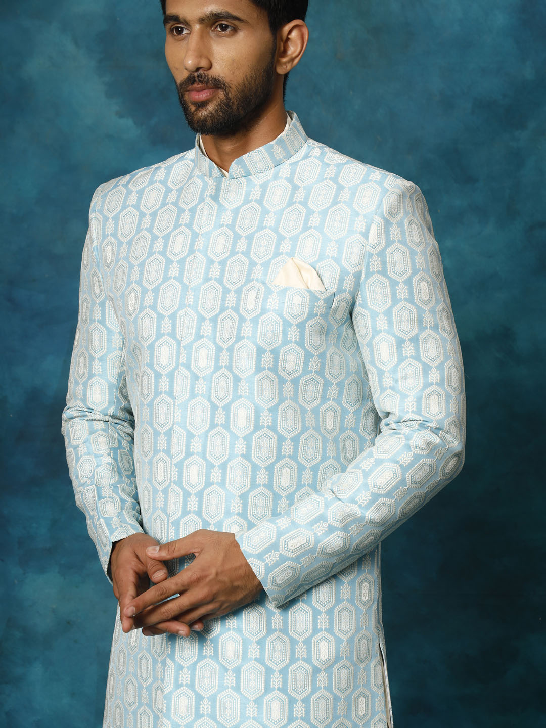 Men's Blue Imported Jacquard Indo With Kurta Pyjama Set