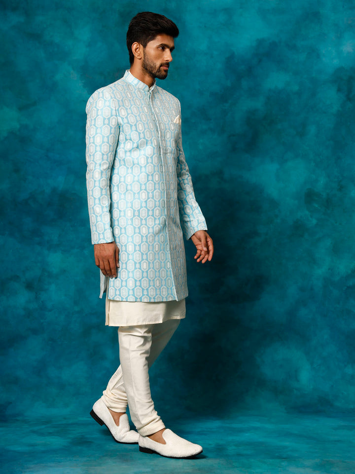 VASTRAMAY Men's Blue Imported Jacquard Indo With Kurta Pyjama Set