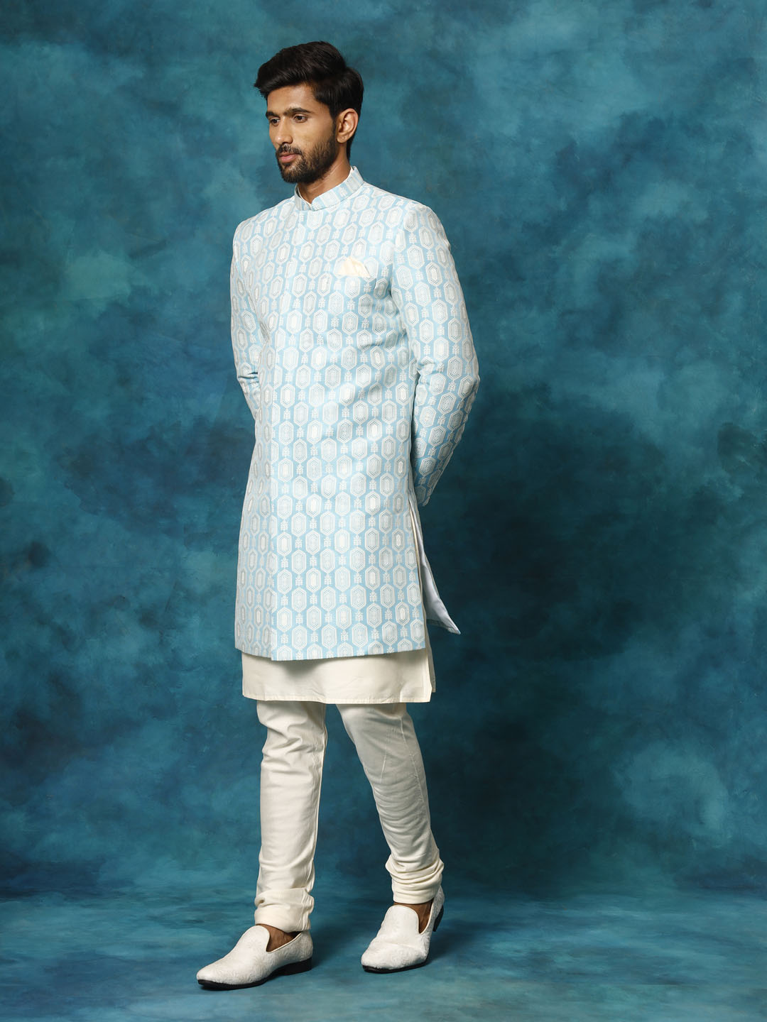 VASTRAMAY Men's Blue Imported Jacquard Indo With Kurta Pyjama Set