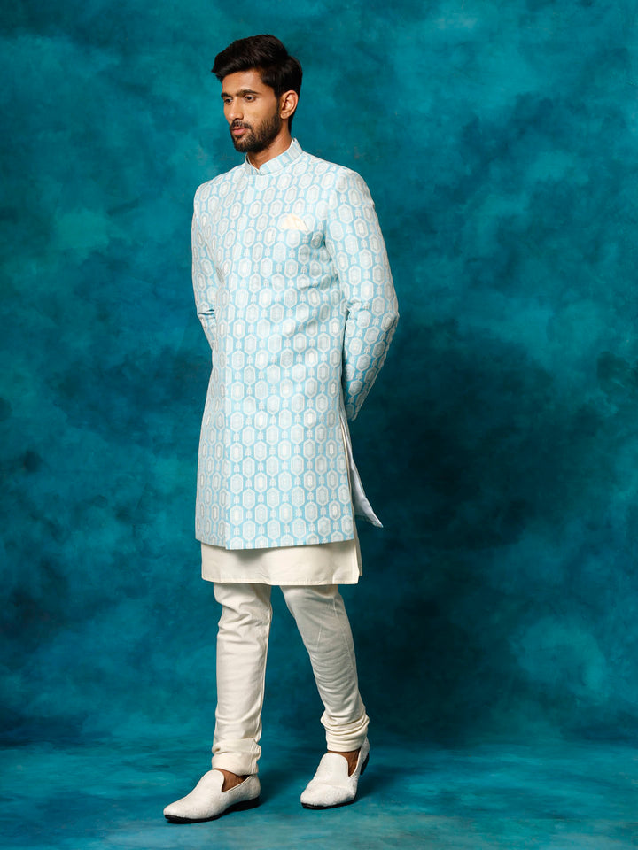 VASTRAMAY Men's Blue Imported Jacquard Indo With Kurta Pyjama Set