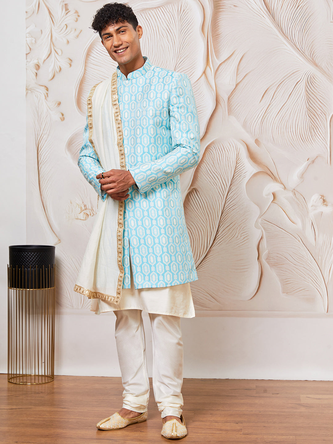 Men's Aqua Silk Blend Indowestern, Kurta Pyjama And Dupatta Set
