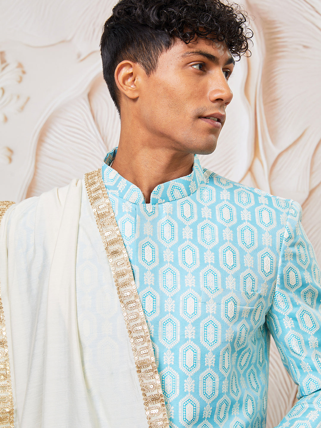 Men's Aqua Silk Blend Indowestern, Kurta Pyjama And Dupatta Set