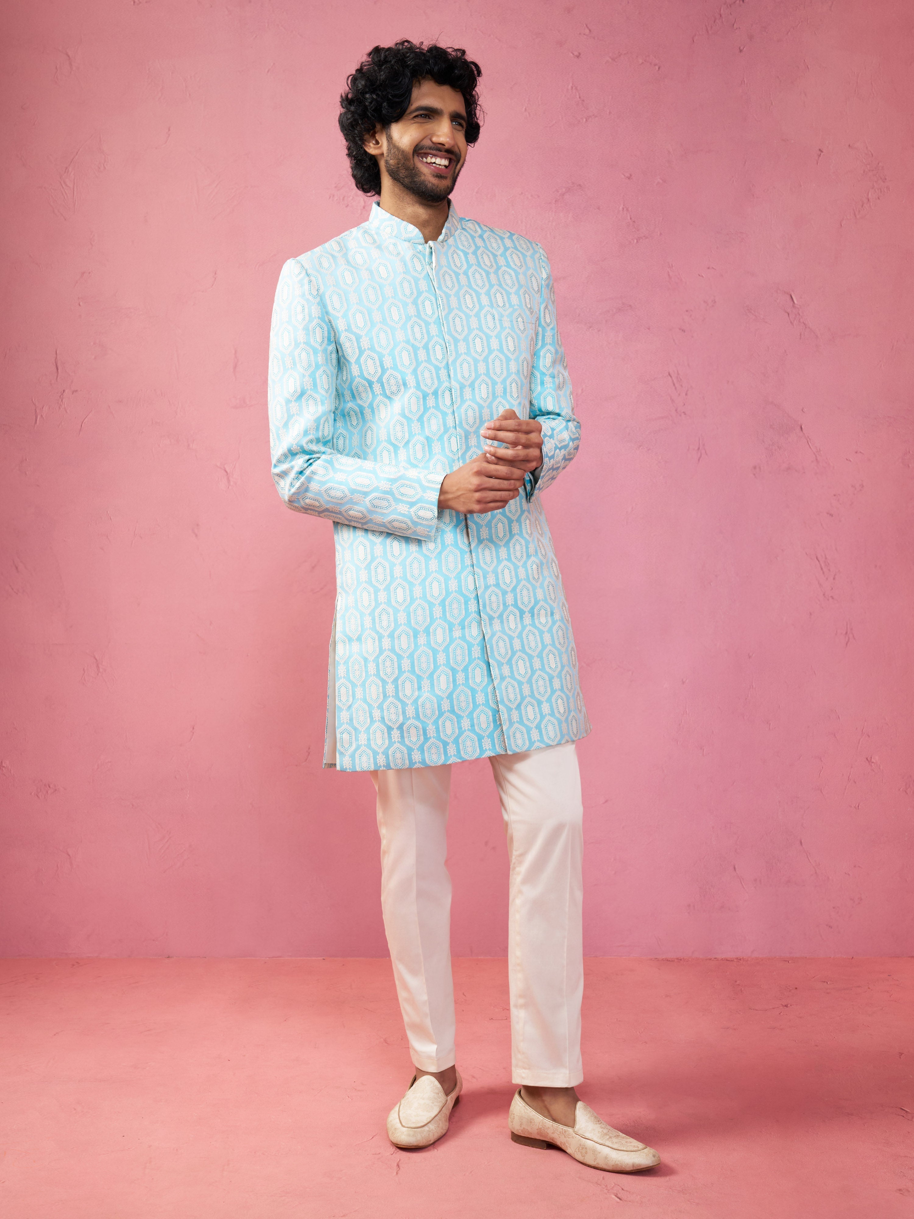 Men's Blue Jacquard Indo-Western Kurta with Cream Trousers