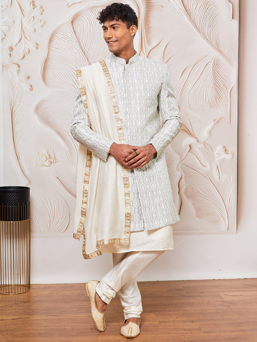 Men's Grey Silk Blend Indowestern, Kurta Pyjama And Dupatta Set