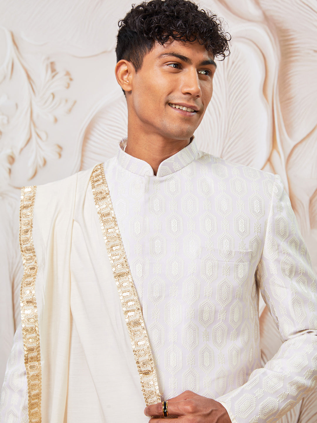 Men's Lavender Silk Blend Indowestern, Kurta Pyjama And Dupatta Set