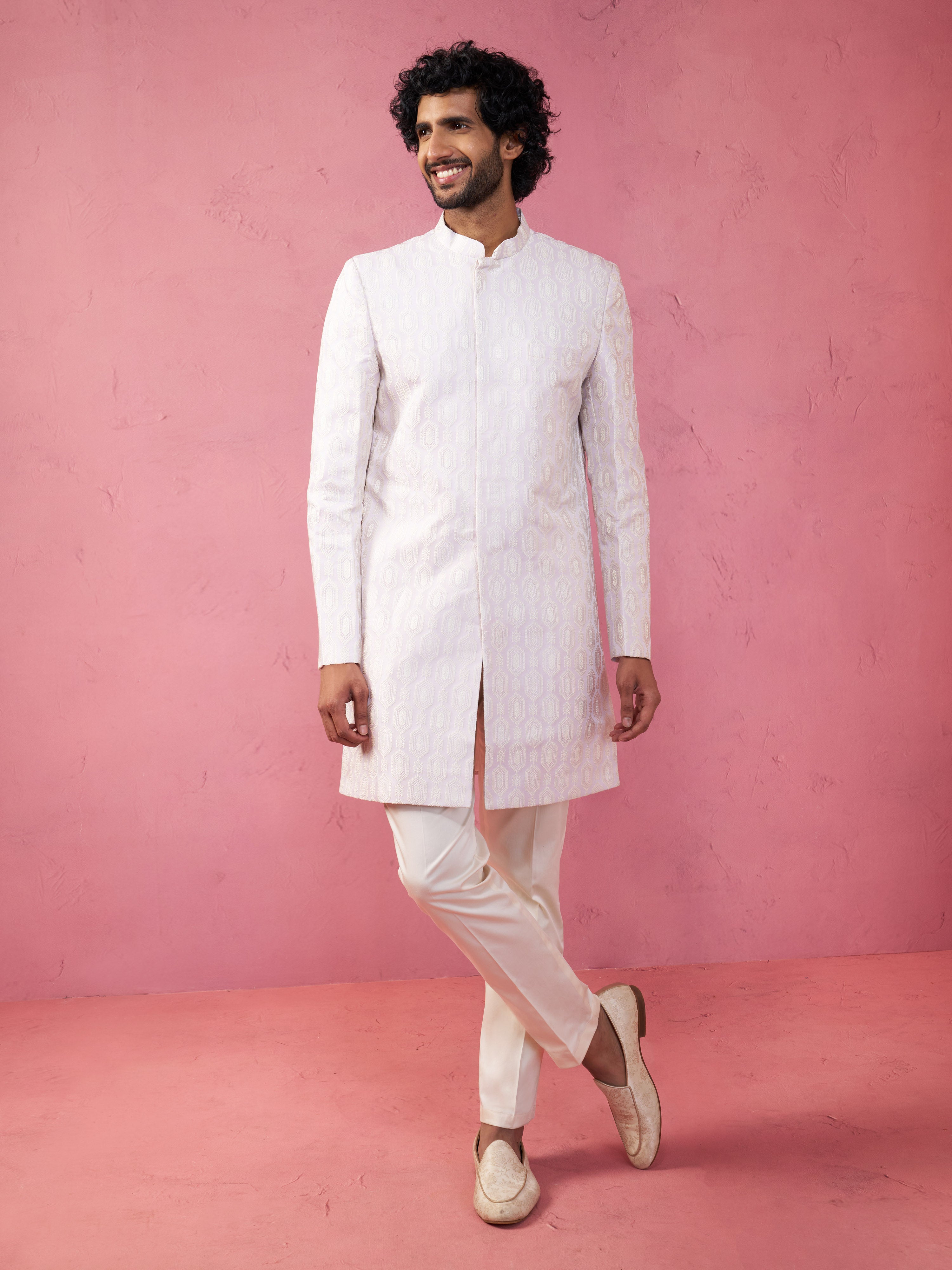 Men's Purple Jacquard Indo-Western Kurta with Cream Trousers