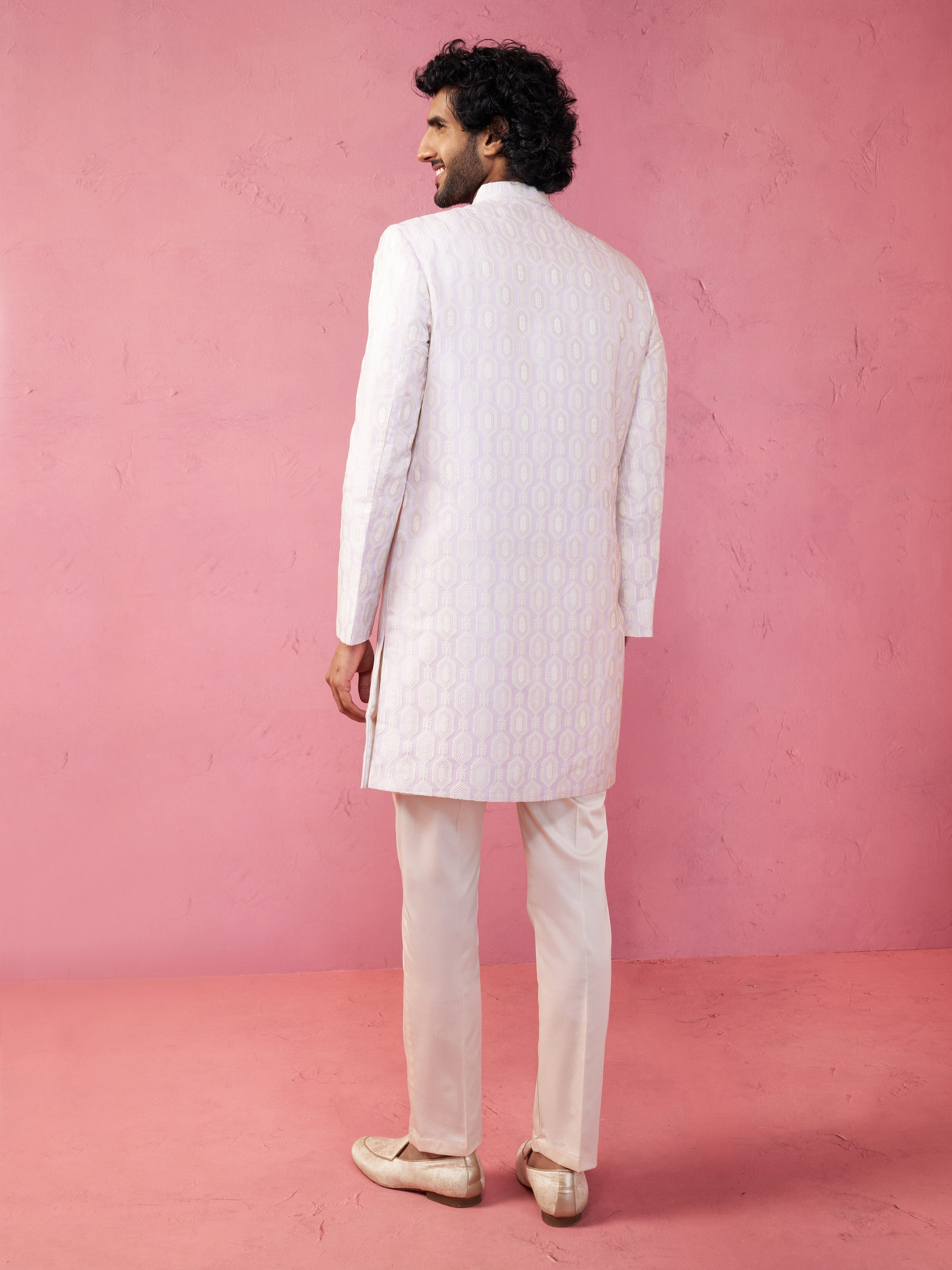 Men's Purple Jacquard Indo-Western Kurta with Cream Trousers