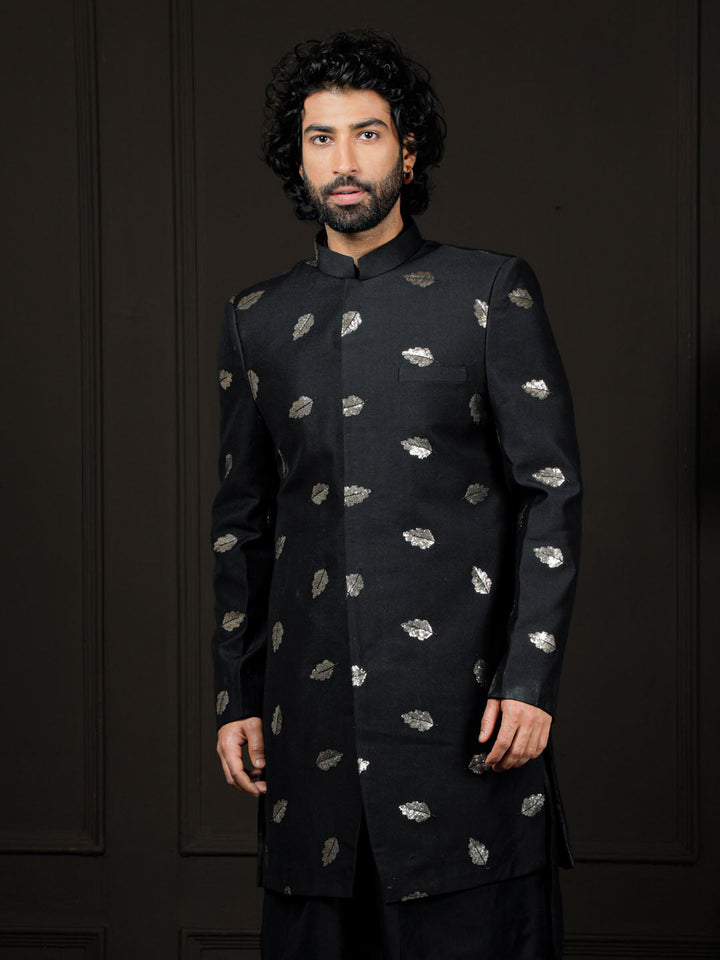 VASTRAMAY Men's Black Viscose Sherwani Only Top