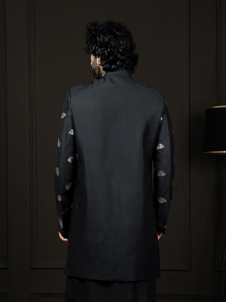 VASTRAMAY Men's Black Viscose Sherwani Only Top