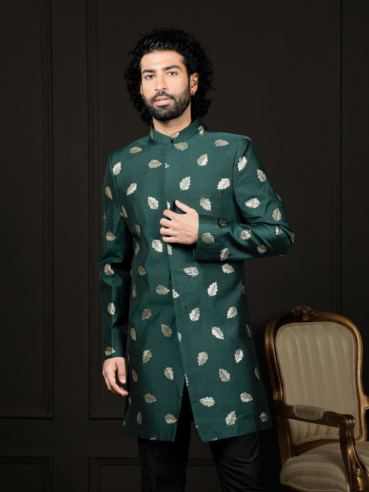 VASTRAMAY Men's Green Viscose Sherwani Only Top with intricate embroidery and mandarin collar