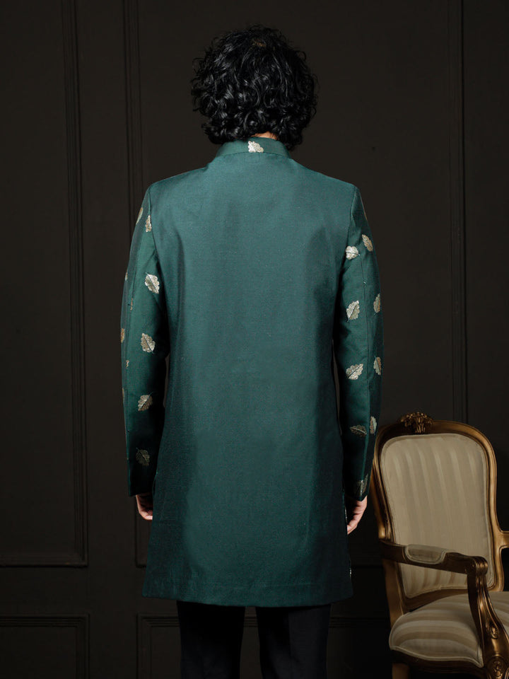 Front view of VASTRAMAY Men's Green Viscose Sherwani Only Top with intricate embroidery and mandarin collar