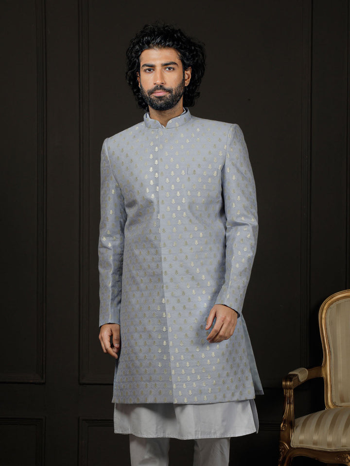 VASTRAMAY Men's Aqua Silk Blend Sherwani Only Top