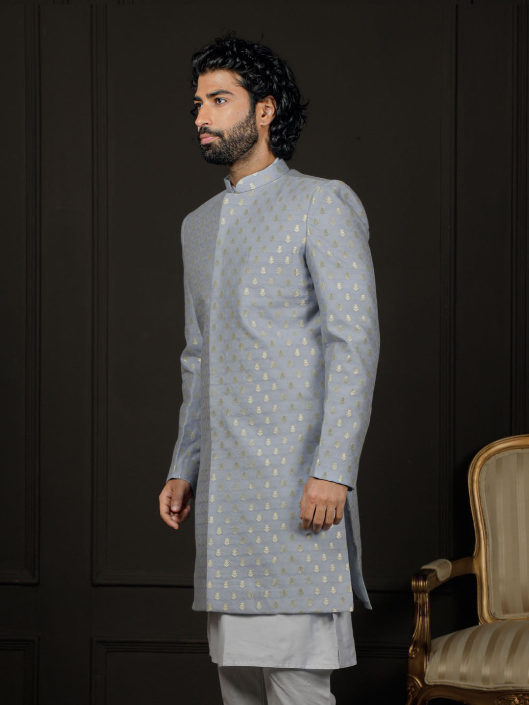 VASTRAMAY Men's Aqua Silk Blend Sherwani Only Top