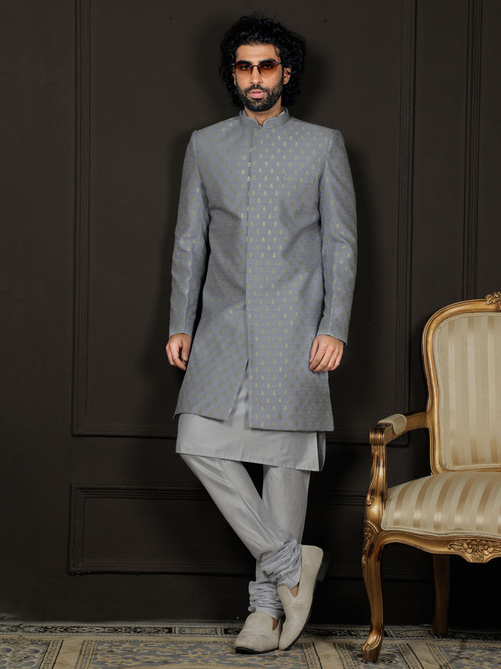 VASTRAMAY Men's Aqua Silk Blend Sherwani Only Top