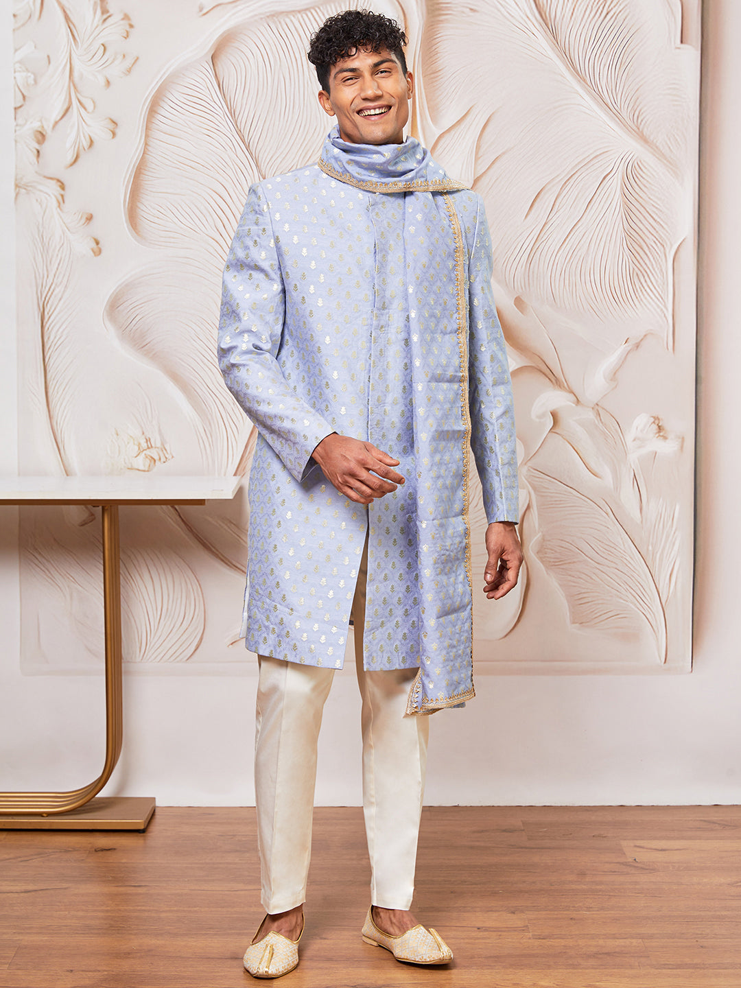 Men's Powder Blue Cotton Blend Indowestern Pant And Dupatta Set
