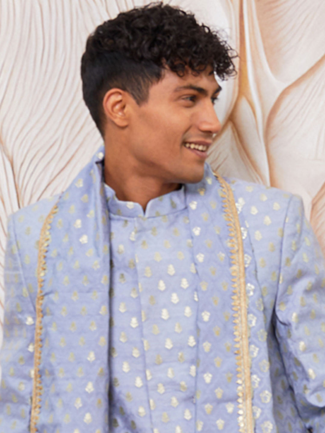 Men's Powder Blue Cotton Blend Indowestern Pant And Dupatta Set