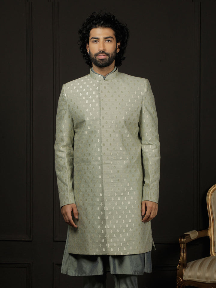 VASTRAMAY Men's Green Silk Blend Sherwani Only Top