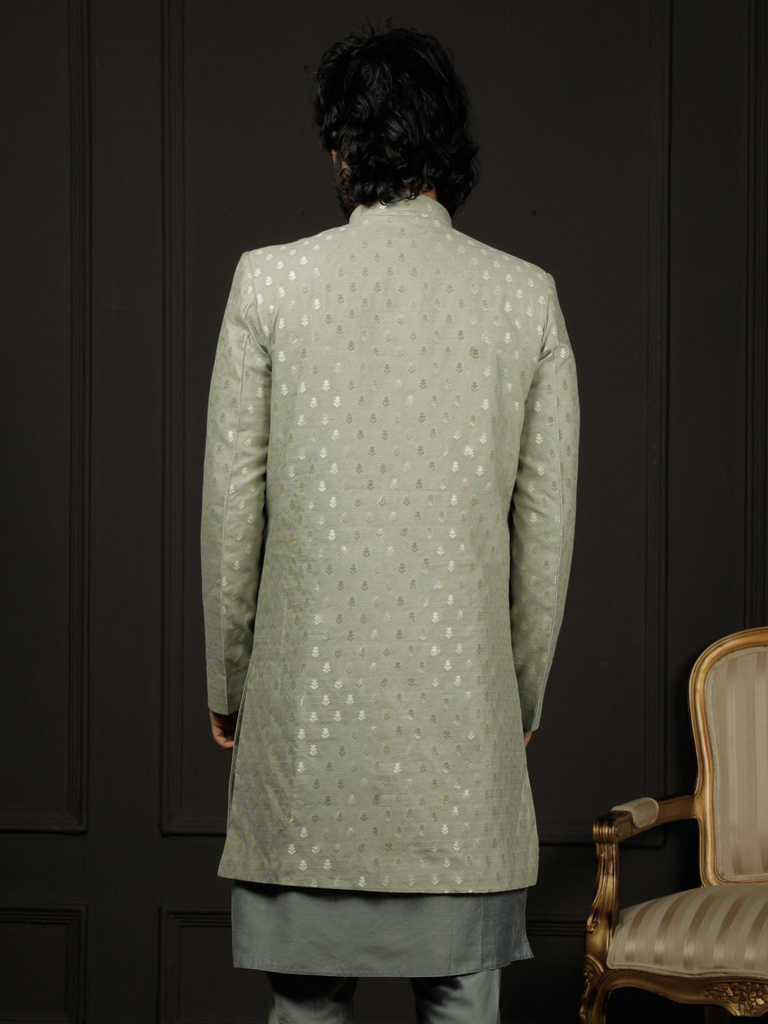 VASTRAMAY Men's Green Silk Blend Sherwani Only Top