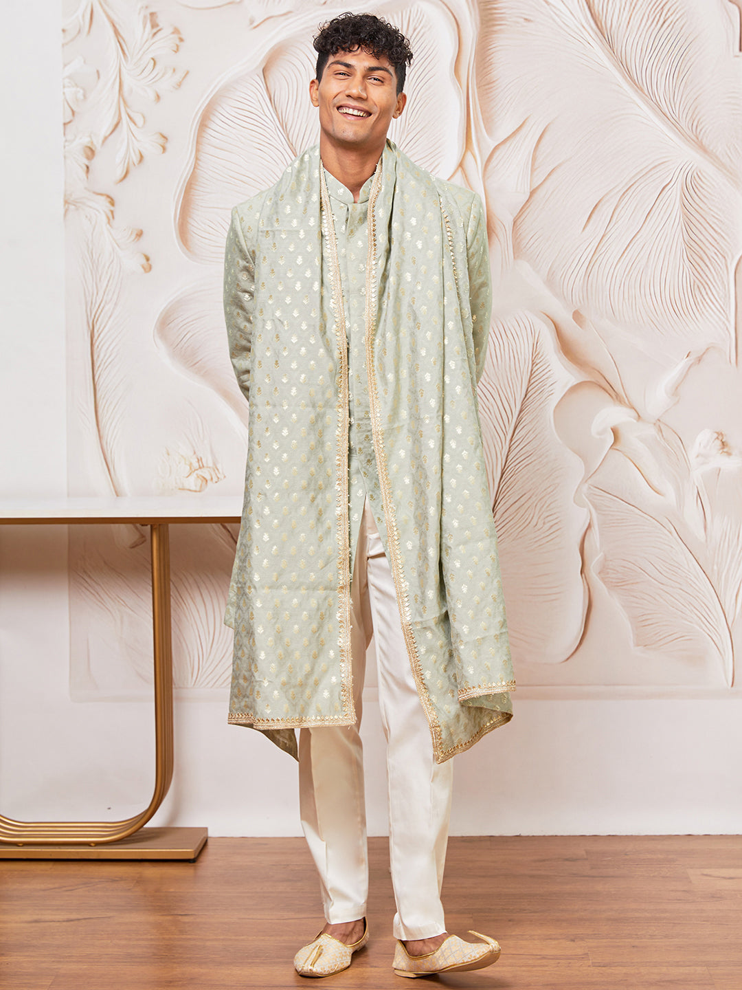 Men's Mint Green Cotton Blend Indowestern Pant And Dupatta Set