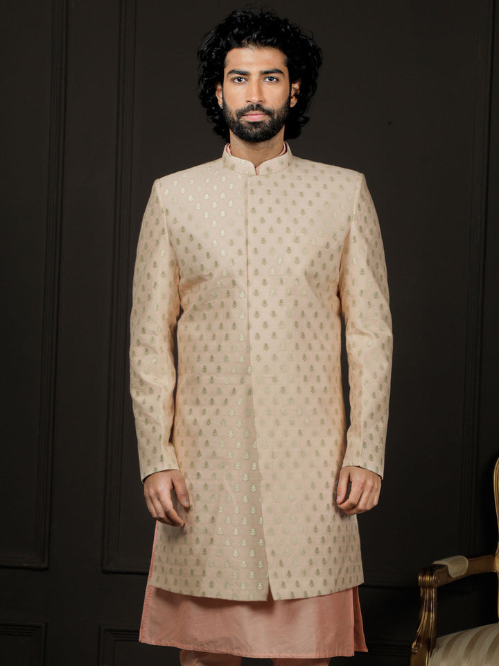 VASTRAMAY Men's Peach Silk Blend Sherwani Only Top