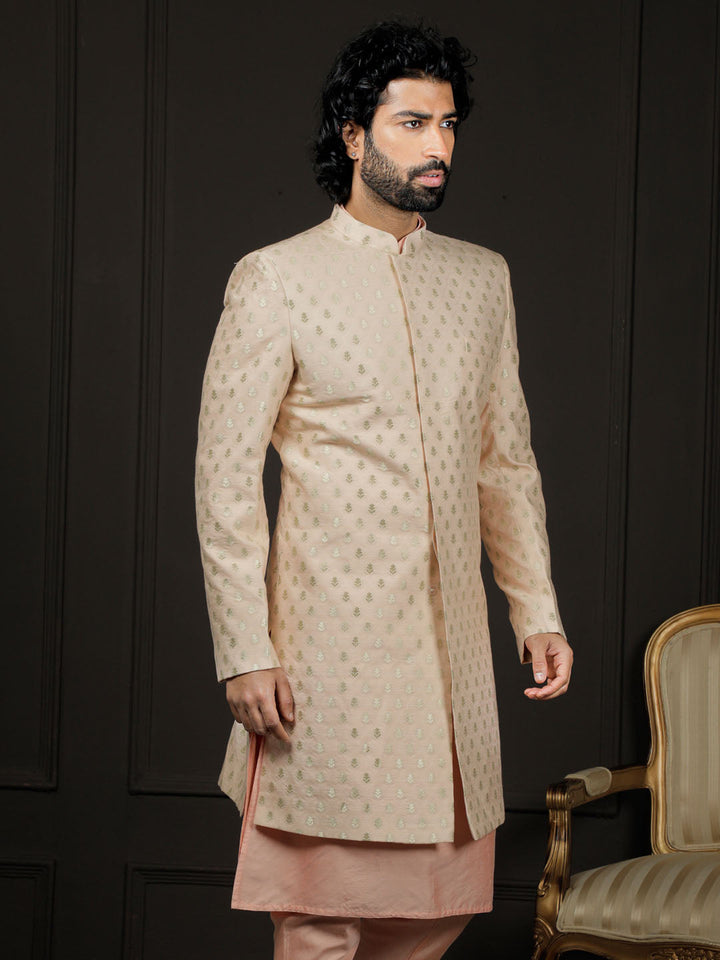 VASTRAMAY Men's Peach Silk Blend Sherwani Only Top