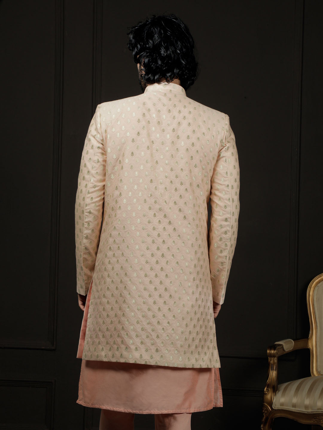 VASTRAMAY Men's Peach Silk Blend Sherwani Only Top