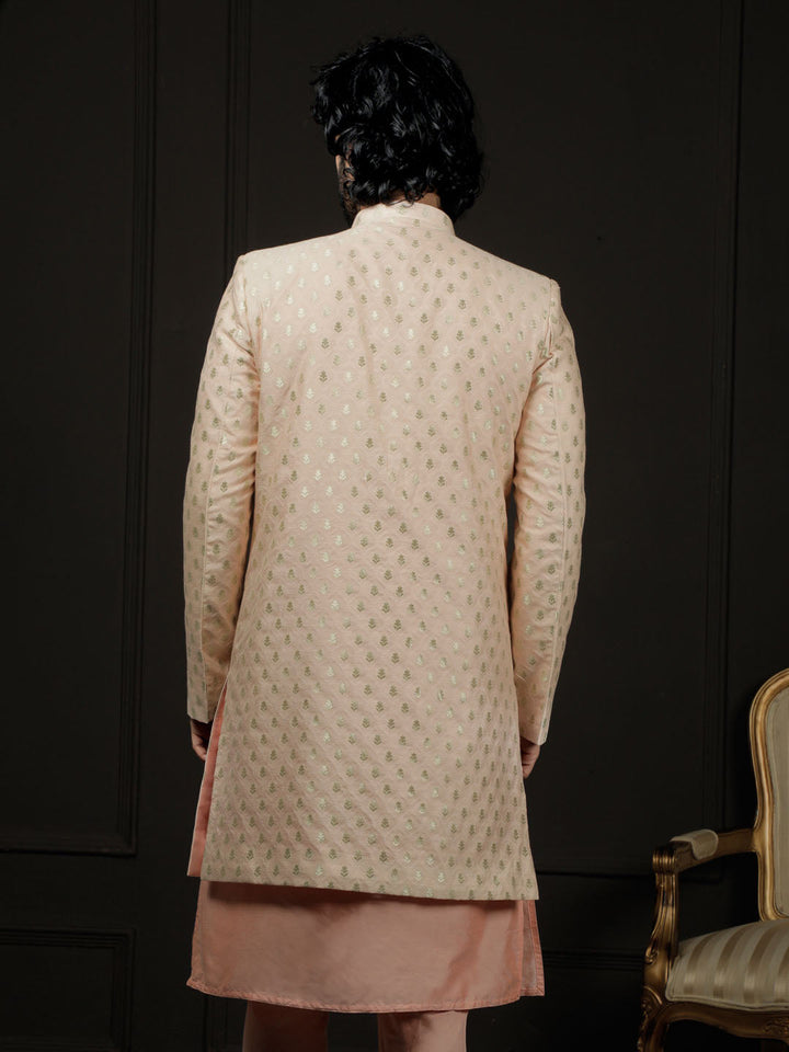 VASTRAMAY Men's Peach Silk Blend Sherwani Only Top