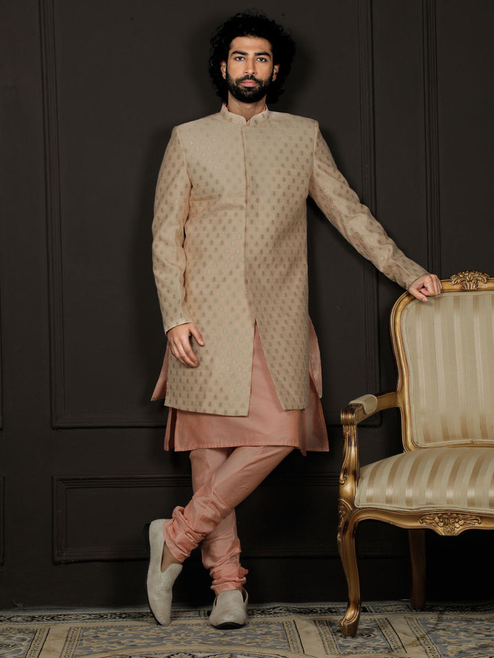 VASTRAMAY Men's Peach Silk Blend Sherwani Only Top