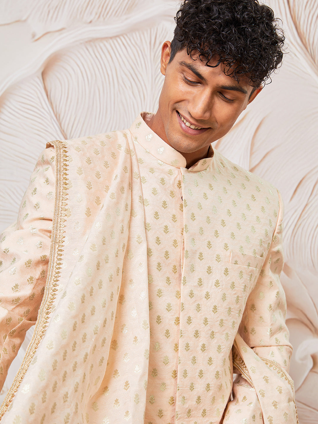 Men's Peach Cotton Blend Indowestern Pant And Dupatta Set
