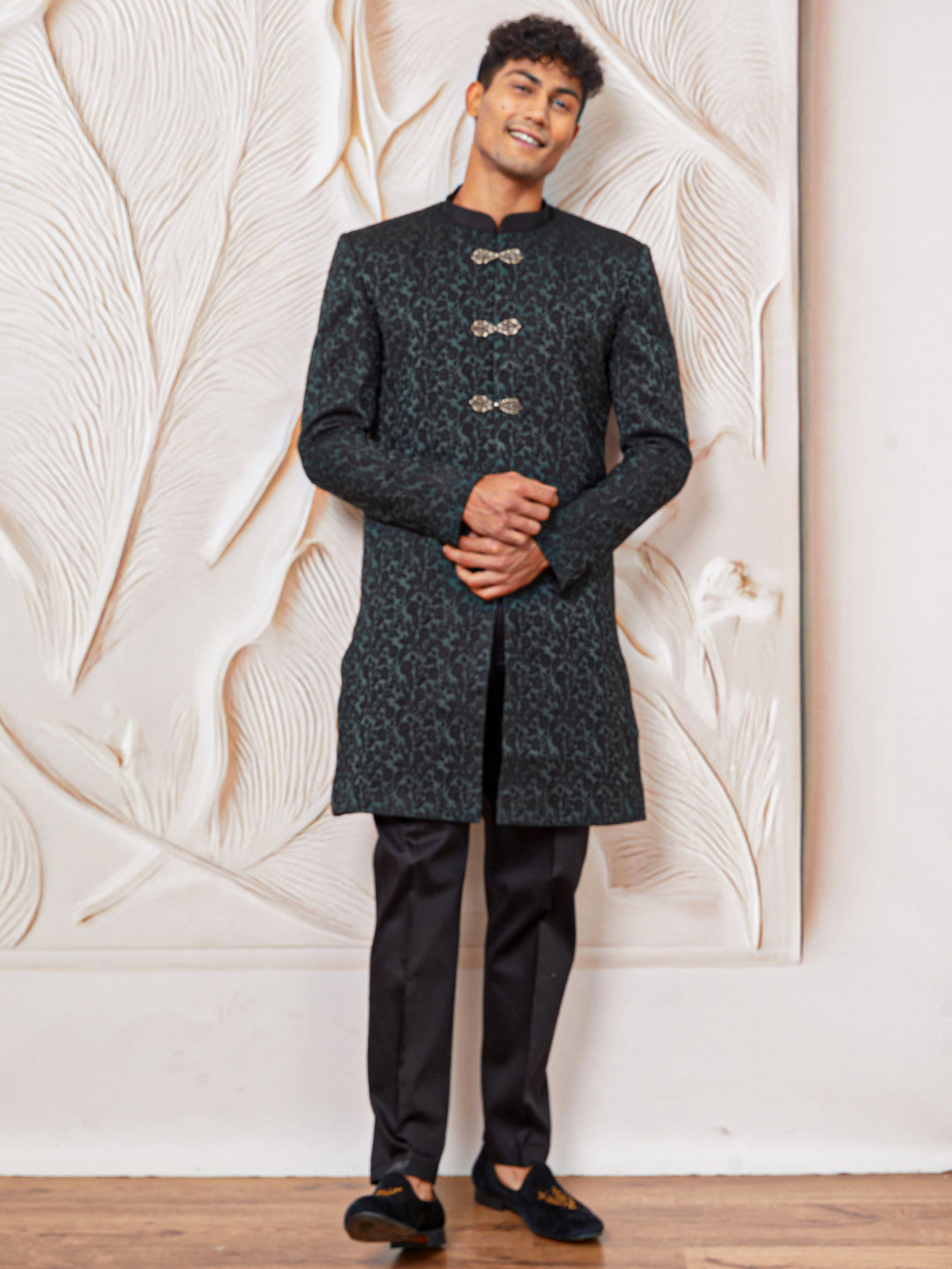 Men's Green Silk Blend Indowestern And Pant Set