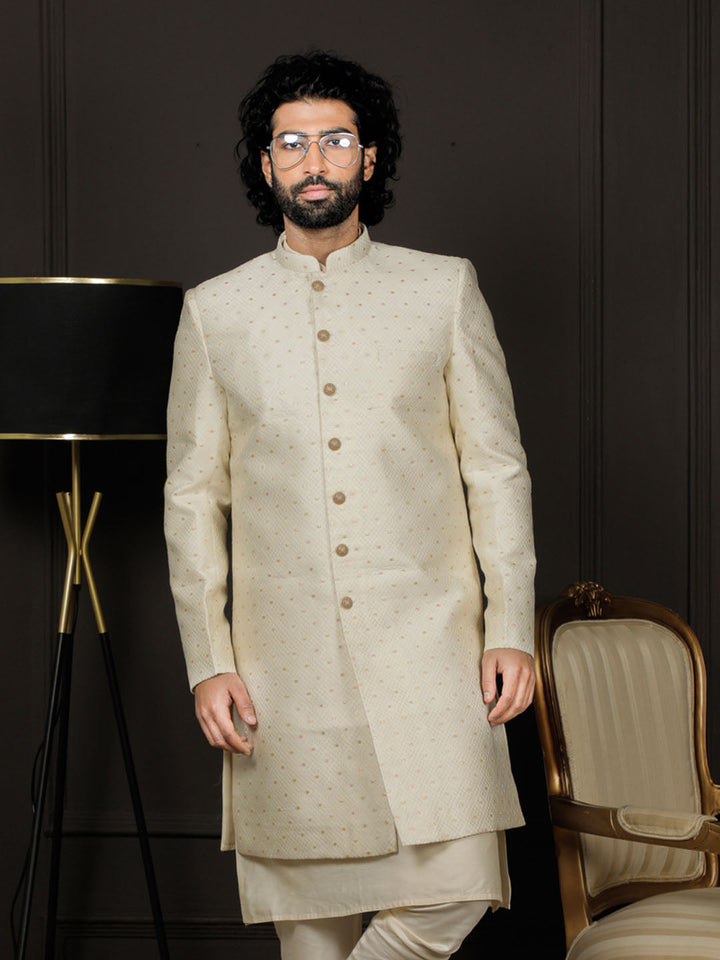 VASTRAMAY Men's Cream Silk Blend Sherwani Only Top