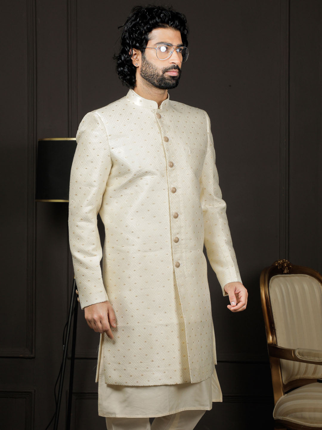 VASTRAMAY Men's Cream Silk Blend Sherwani Only Top