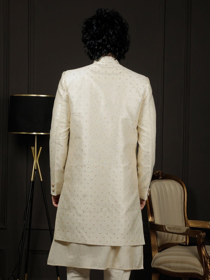 VASTRAMAY Men's Cream Silk Blend Sherwani Only Top