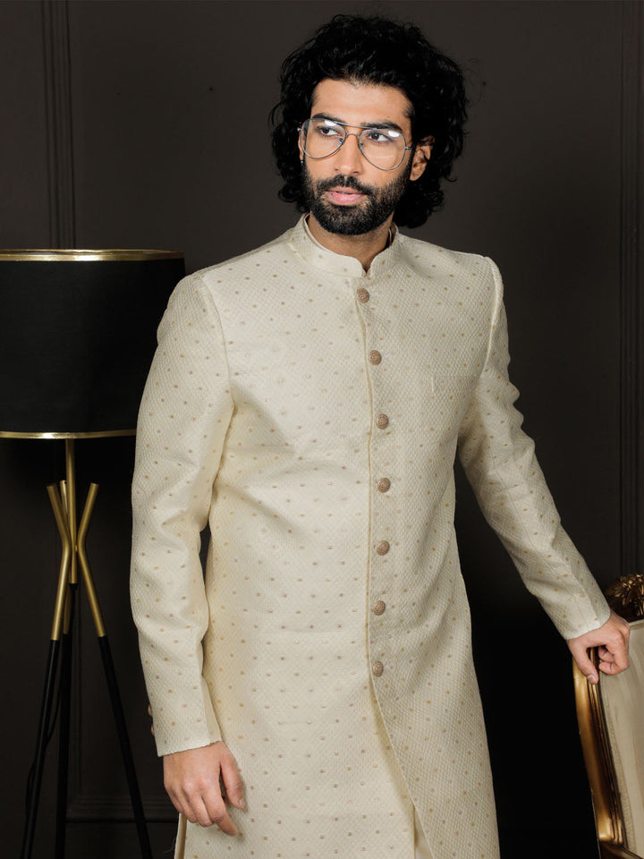 VASTRAMAY Men's Cream Silk Blend Sherwani Only Top