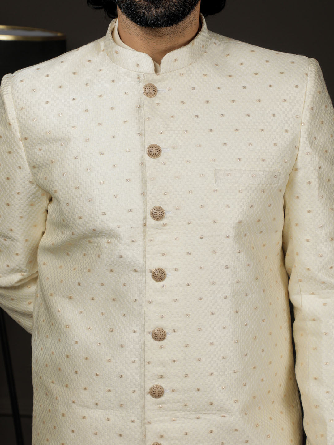 VASTRAMAY Men's Cream Silk Blend Sherwani Only Top