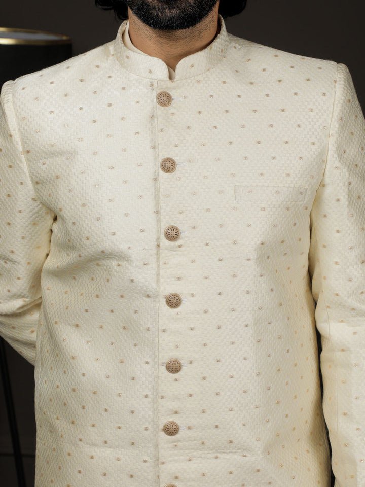 VASTRAMAY Men's Cream Silk Blend Sherwani Only Top