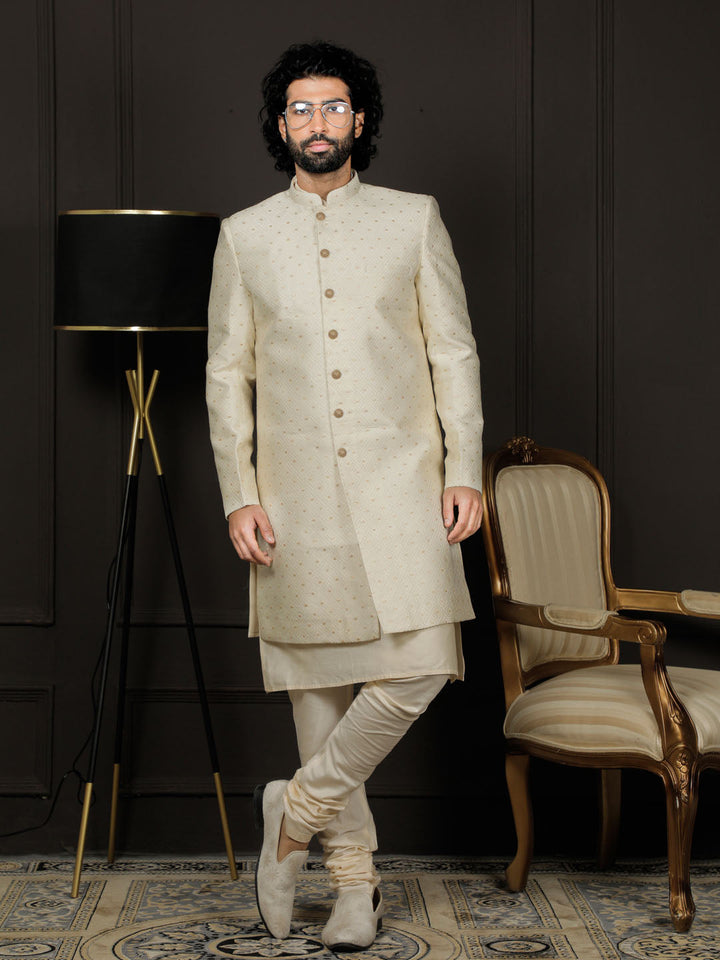 VASTRAMAY Men's Cream Silk Blend Sherwani Only Top