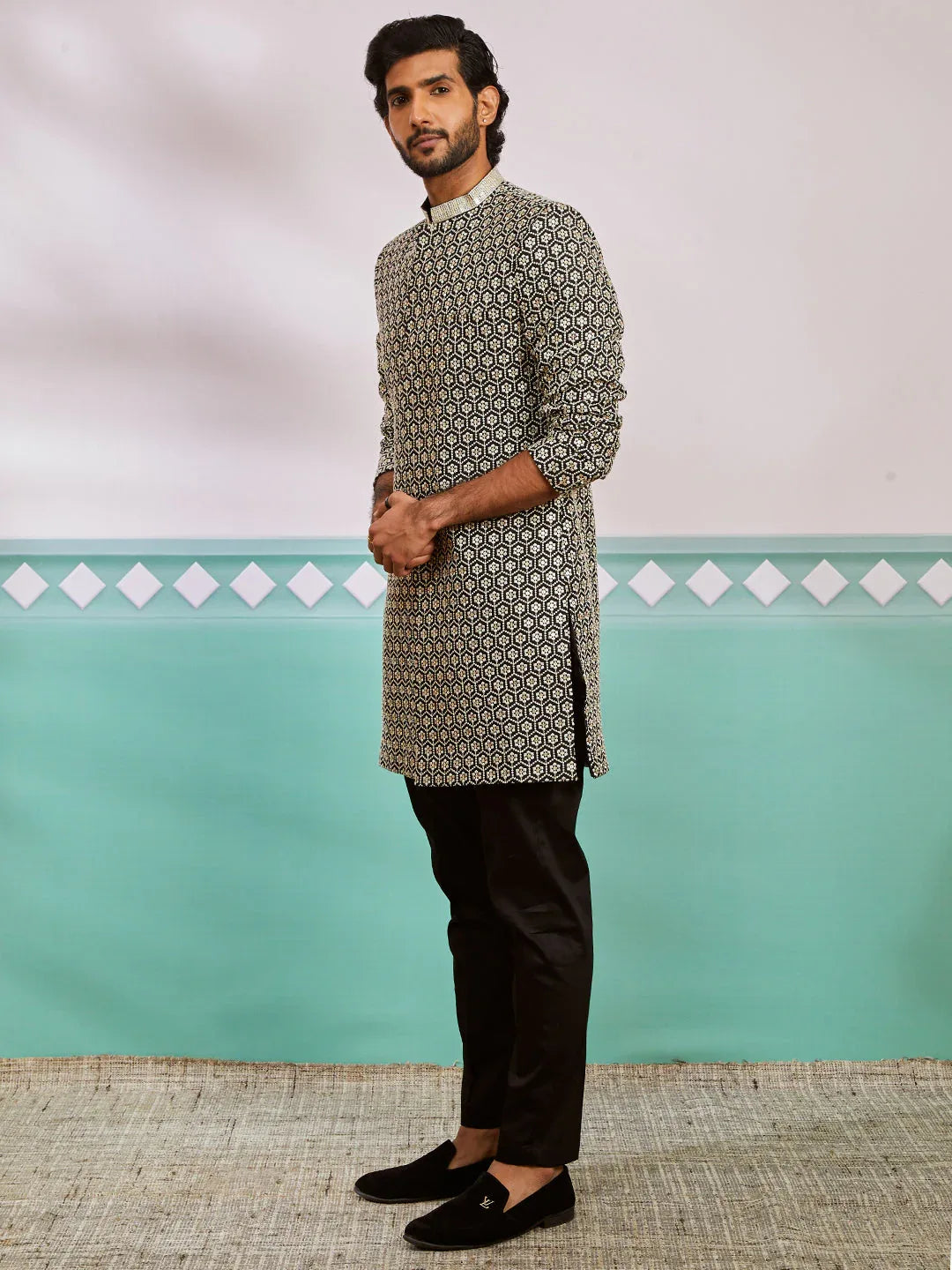 Men's Black Rayon Indo Western And Pyjama Set