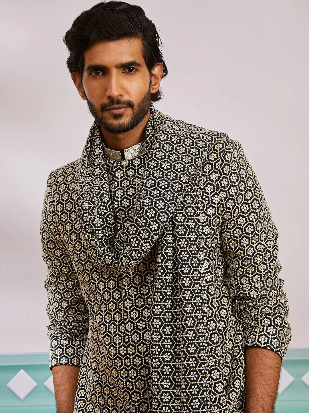 Men's Black Rayon Indo Western,Pyjama And Dupatta Set
