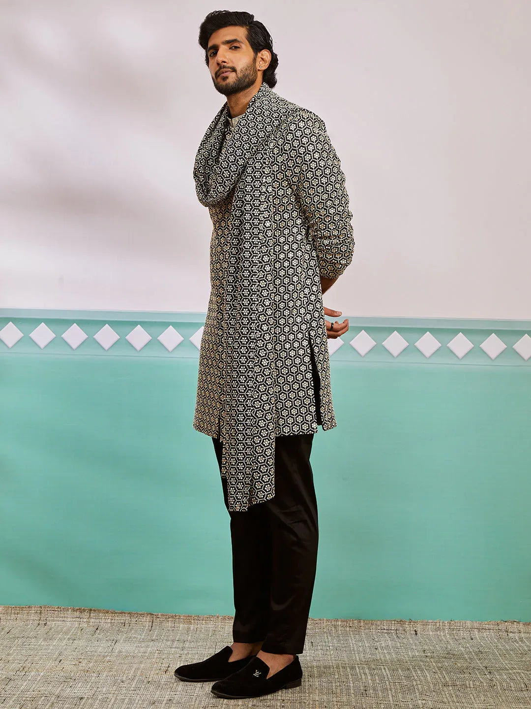 Men's Black Rayon Indo Western,Pyjama And Dupatta Set