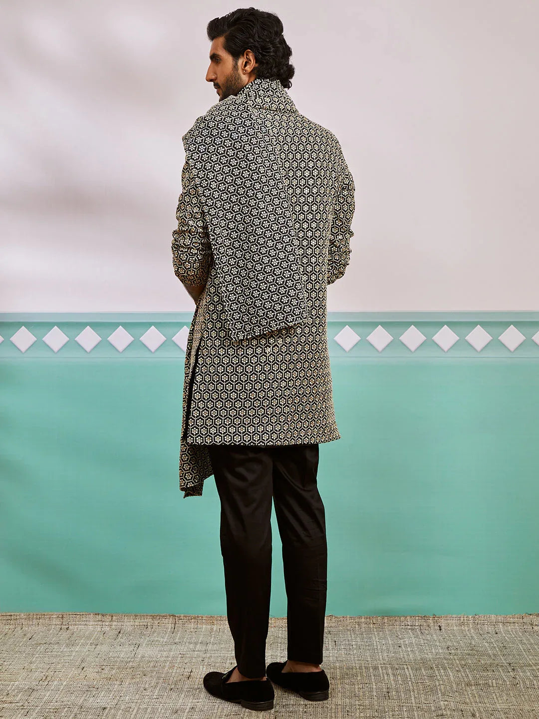 Men's Black Rayon Indo Western,Pyjama And Dupatta Set
