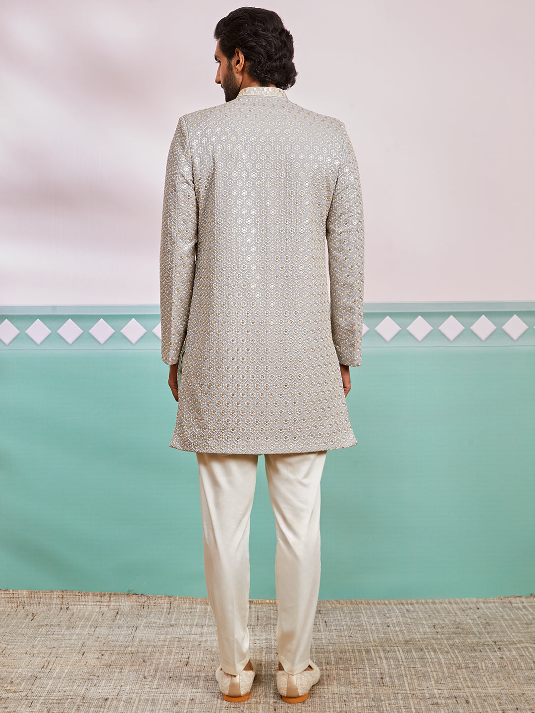 Men's Grey Rayon Indo Western And Pyjama Set