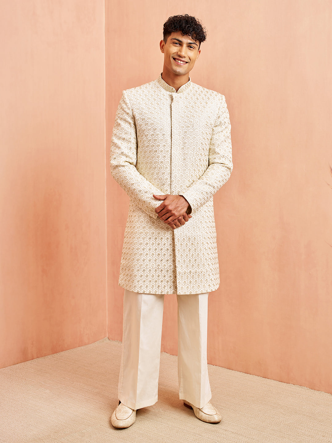Men's Off White Indo-Western with Cream Pant Set